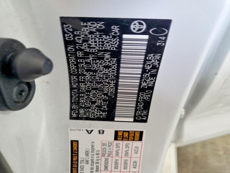 Aukcja sprzedaży 2023 Toyota Corolla Hybrid, vin: JTDBDMHE1P3006094, numer aukcji: 55370056