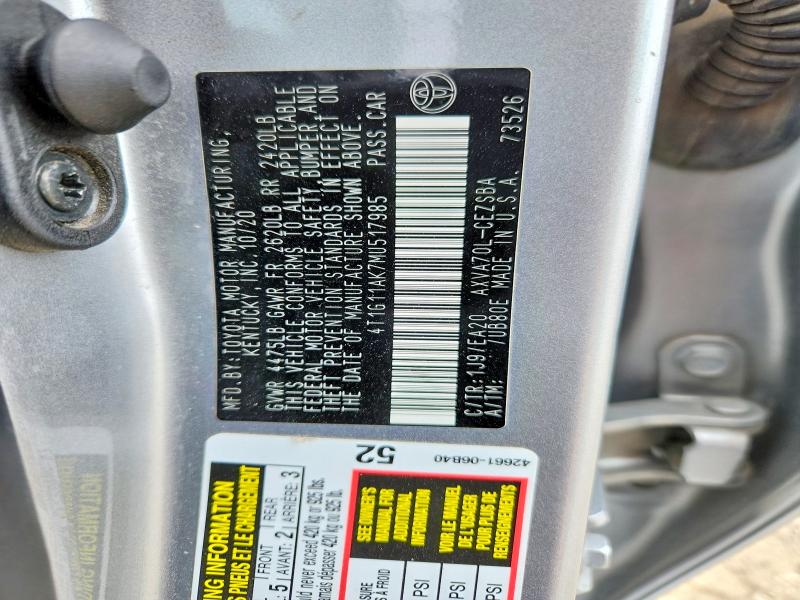 52366826 :رقم المزاد ، 4T1G11AK7MU517985 vin ، 2021 Toyota Camry مزاد بيع