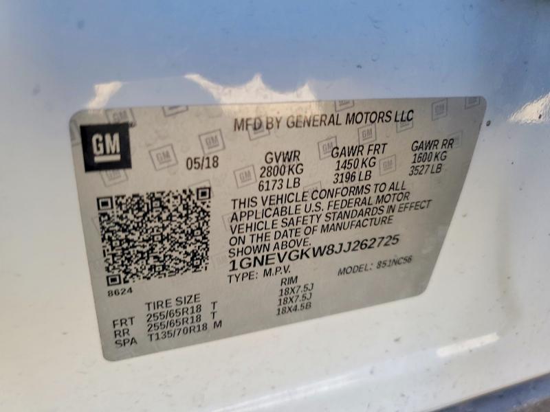 2018 Chevrolet Traverse მანქანა იყიდება აუქციონზე, vin: 1GNEVGKW8JJ262725, აუქციონის ნომერი: 54891276