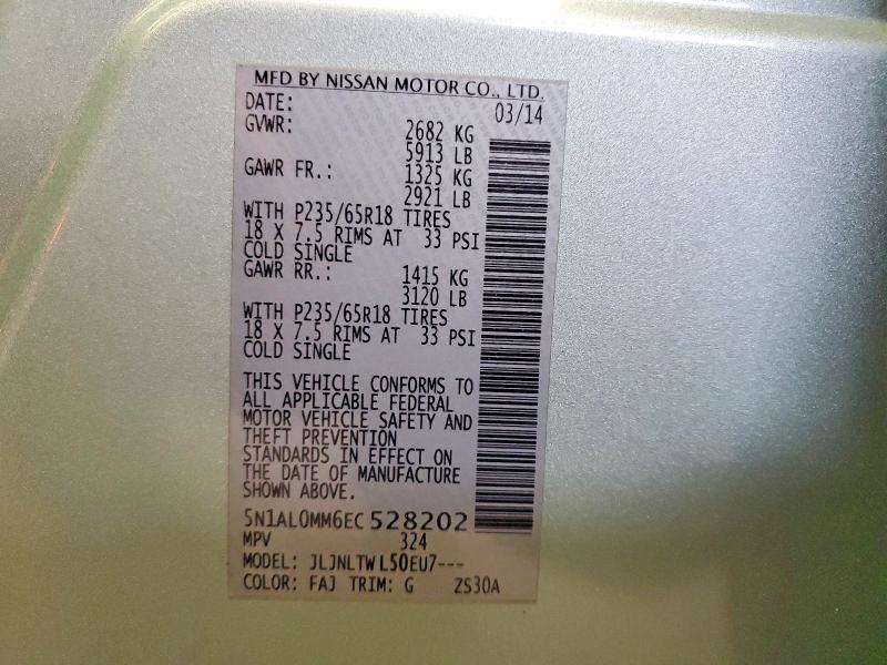 53512676 :رقم المزاد ، 5N1AL0MM6EC528202 vin ، 2014 Infiniti Qx60 مزاد بيع