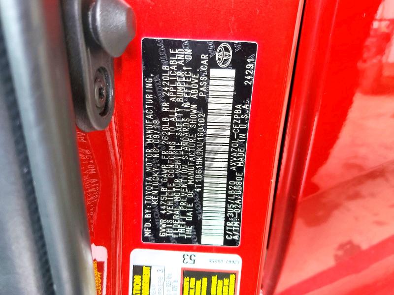 52424726 :رقم المزاد ، 4T1B61HK2KU160102 vin ، 2019 Toyota Camry مزاد بيع