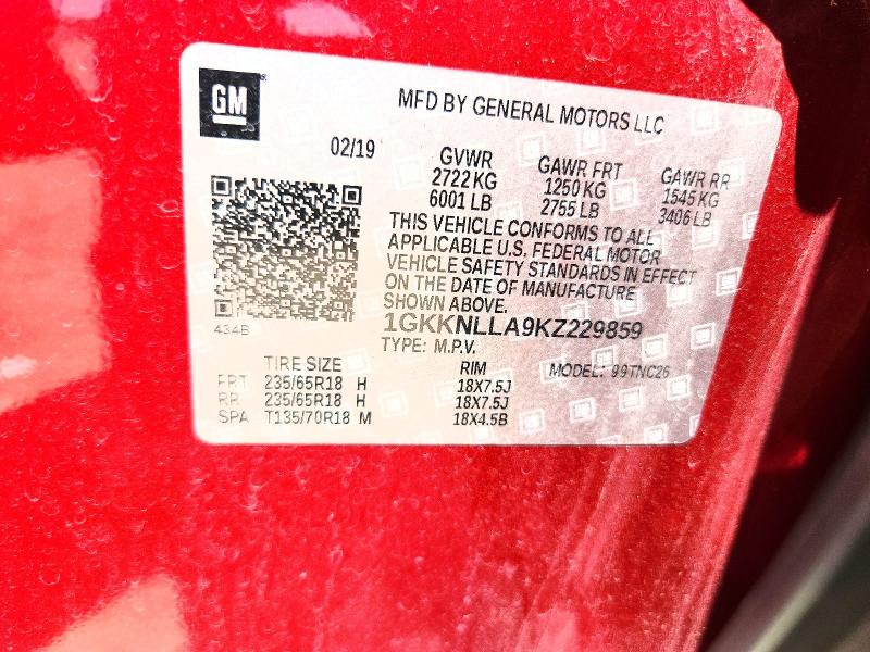 52250306 :رقم المزاد ، 1GKKNLLA9KZ229859 vin ، 2019 Gmc Acadia مزاد بيع