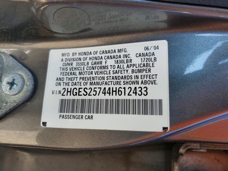 53252936 :رقم المزاد ، 2HGES25744H612433 vin ، 2004 Honda Civic مزاد بيع
