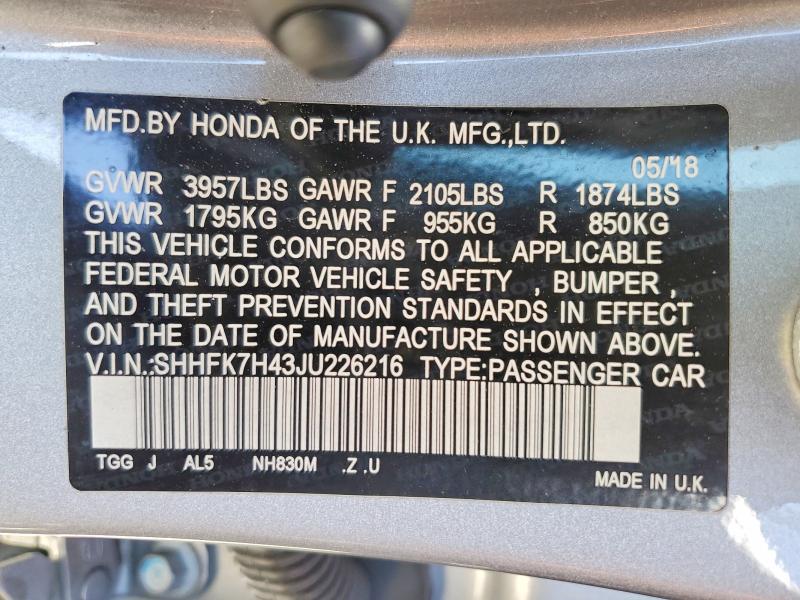 Продаж на аукціоні авто 2018 Honda Civic, vin: SHHFK7H43JU226216, номер лоту: 52777866