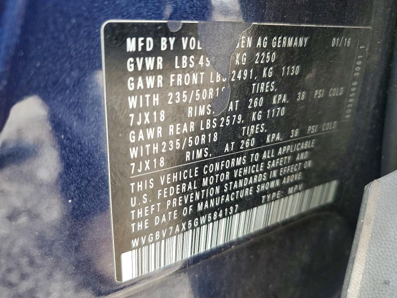 2016 Volkswagen Tiguan მანქანა იყიდება აუქციონზე, vin: WVGBV7AX5GW584137, აუქციონის ნომერი: 53086436