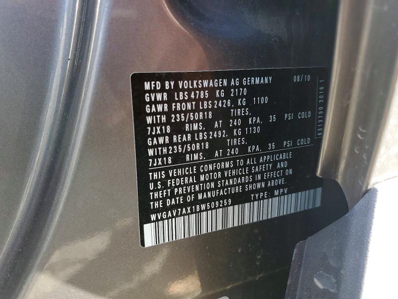 Продажа на аукционе авто 2011 Volkswagen Tiguan, vin: WVGAV7AX1BW509259, номер лота: 54150366