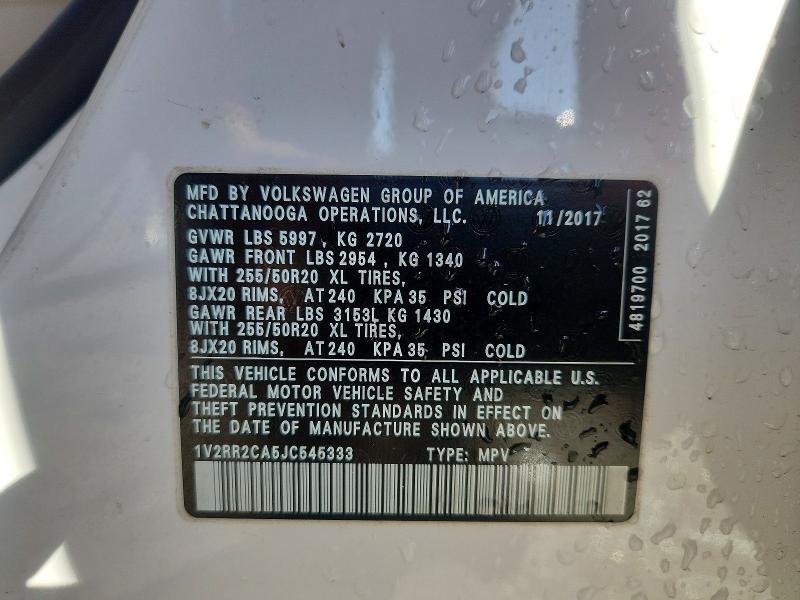 52757466 :رقم المزاد ، 1V2RR2CA5JC545333 vin ، 2018 Volkswagen Atlas مزاد بيع