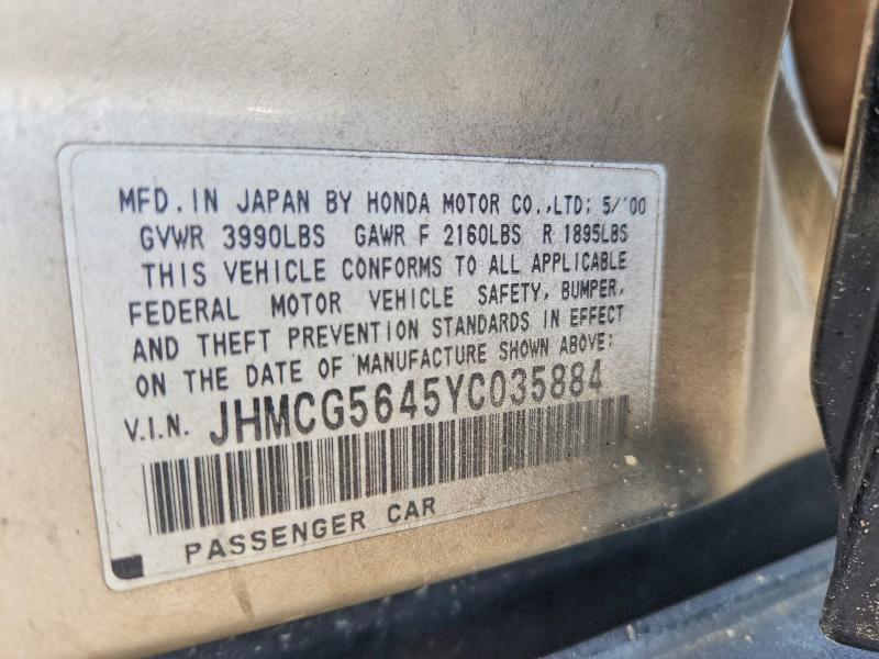 2000 Honda Accord მანქანა იყიდება აუქციონზე, vin: JHMCG5645YC035884, აუქციონის ნომერი: 55572376