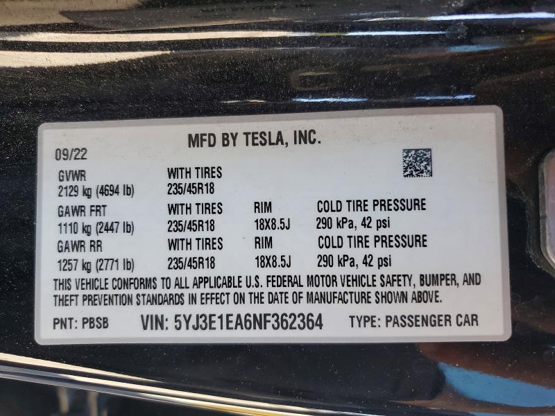 Aukcja sprzedaży 2022 Tesla Model 3, vin: 5YJ3E1EA6NF362364, numer aukcji: 53223556