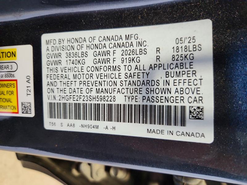 54872906 :رقم المزاد ، 2HGFE2F23SH598228 vin ، 2025 Honda Civic مزاد بيع