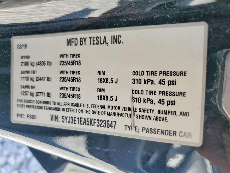 55021316 :رقم المزاد ، 5YJ3E1EA5KF323647 vin ، 2019 Tesla Model 3 مزاد بيع
