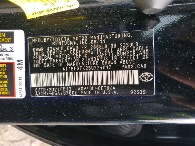 52708236 :رقم المزاد ، 4T1BF3EK2BU774017 vin ، 2011 Toyota Camry مزاد بيع