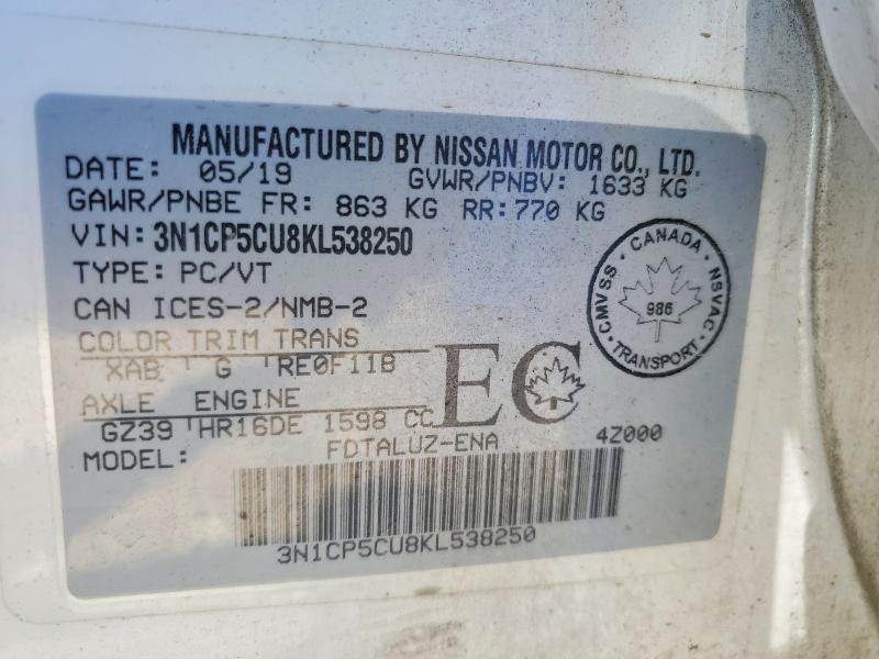 52770556 :رقم المزاد ، 3N1CP5CU8KL538250 vin ، 2019 Nissan Kicks مزاد بيع