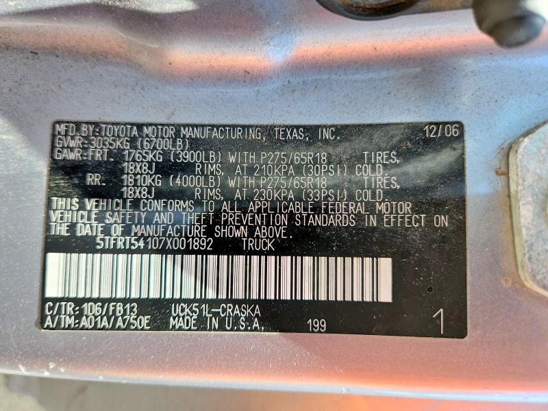 2007 Toyota Tundra მანქანა იყიდება აუქციონზე, vin: 5TFRT54107X001892, აუქციონის ნომერი: 54498466