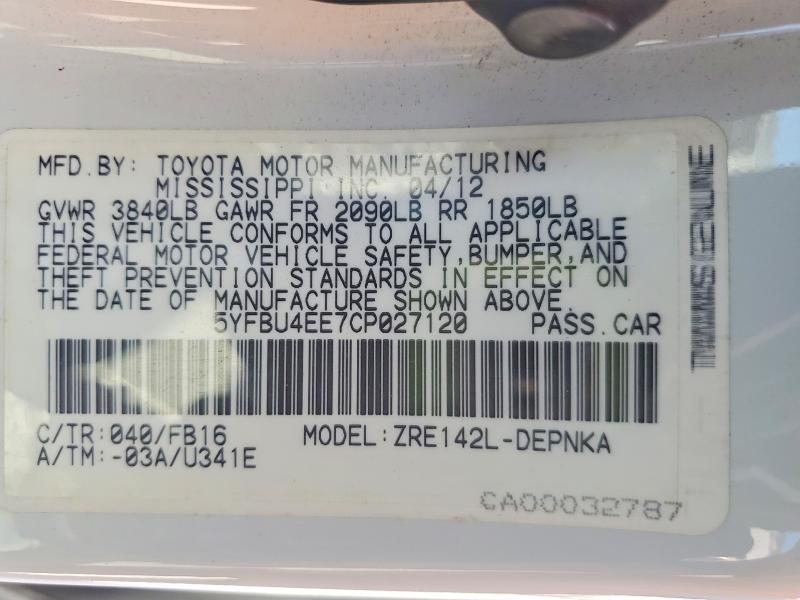 54396216 :رقم المزاد ، 5YFBU4EE7CP027120 vin ، 2012 Toyota Corolla مزاد بيع