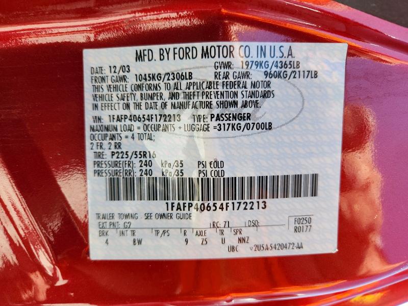 Продаж на аукціоні авто 2004 Ford Mustang, vin: 1FAFP40654F172213, номер лоту: 54003996