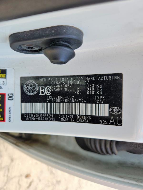 2017 Toyota Corolla Le 4dr მანქანა იყიდება აუქციონზე, vin: 2T1BURHE6HC884724, აუქციონის ნომერი: 51338506