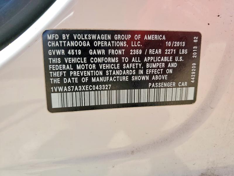 Aukcja sprzedaży 2014 Volkswagen Passat, vin: 1VWAS7A3XEC043327, numer aukcji: 53699806