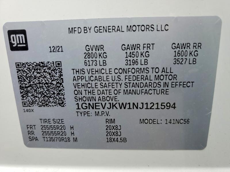 55280846 :رقم المزاد ، 1GNEVJKW1NJ121594 vin ، 2022 Chevrolet Traverse مزاد بيع