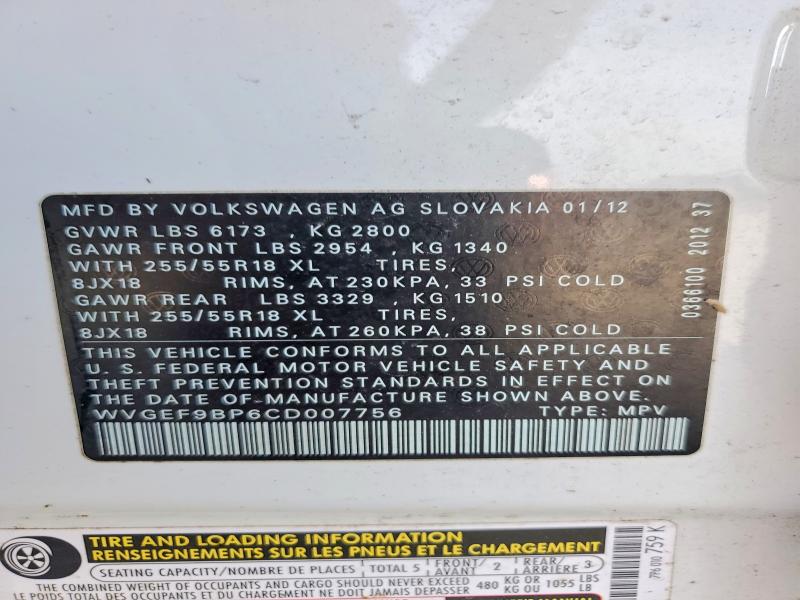 Продаж на аукціоні авто 2012 Volkswagen Touareg, vin: WVGEF9BP6CD007756, номер лоту: 52328996