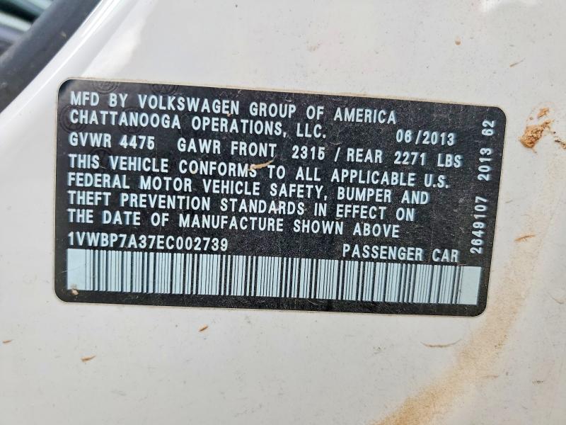 55061096 :رقم المزاد ، 1VWBP7A37EC002739 vin ، 2014 Volkswagen Passat مزاد بيع