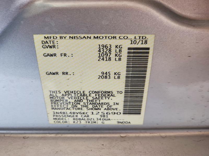 54022456 :رقم المزاد ، 1N4BL4BV6KC125690 vin ، 2019 Nissan Altima مزاد بيع