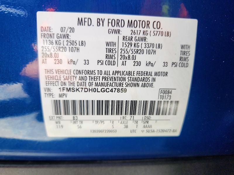 Aukcja sprzedaży 2020 Ford Explorer, vin: 1FMSK7DH0LGC47859, numer aukcji: 54474696