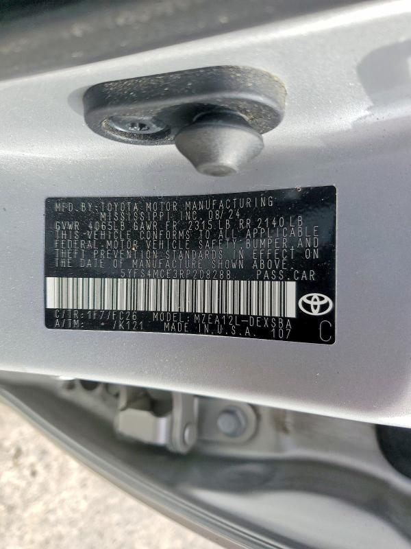 2024 Toyota Corolla მანქანა იყიდება აუქციონზე, vin: 5YFS4MCE3RP208288, აუქციონის ნომერი: 52771996