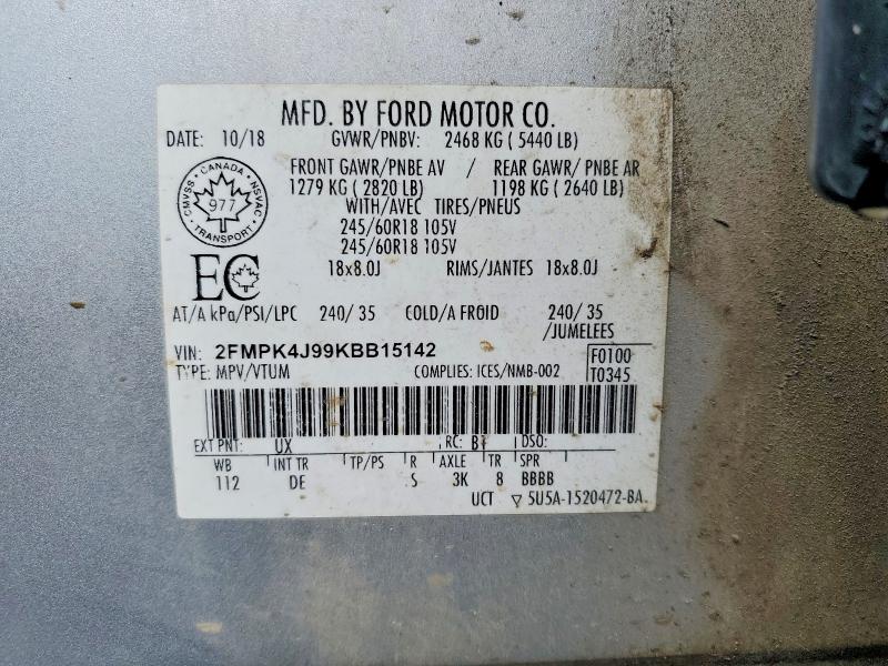 51836976 :رقم المزاد ، 2FMPK4J99KBB15142 vin ، 2019 Ford Edge مزاد بيع