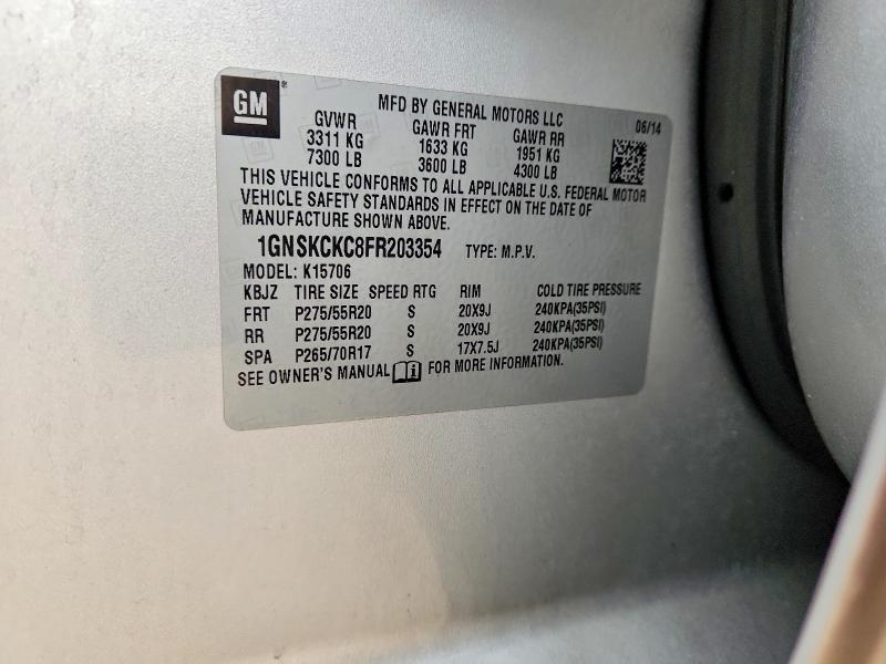 2015 Chevrolet Tahoe მანქანა იყიდება აუქციონზე, vin: 1GNSKCKC8FR203354, აუქციონის ნომერი: 54113106