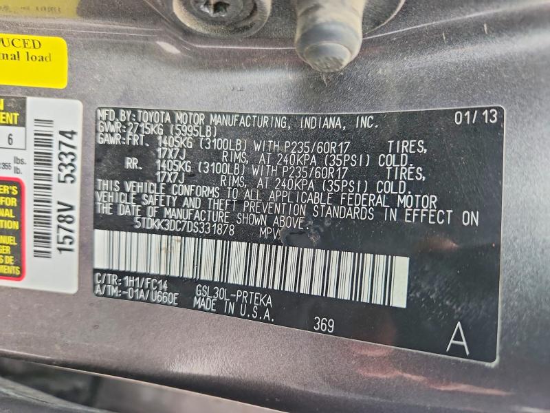 Продажа на аукционе авто 2013 Toyota Sienna, vin: 5TDKK3DC7DS331878, номер лота: 51670696