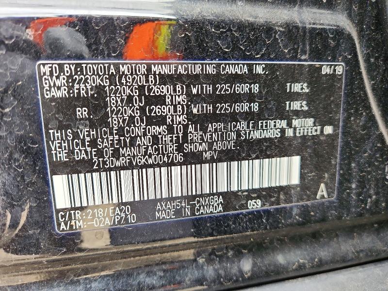 Aukcja sprzedaży 2019 Toyota Rav4, vin: 2T3DWRFV6KW004706, numer aukcji: 54222826