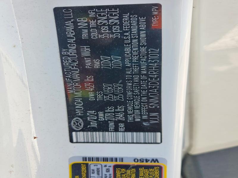 52959796 :رقم المزاد ، 5NMJA3DE4RH431012 vin ، 2024 Hyundai Tucson مزاد بيع