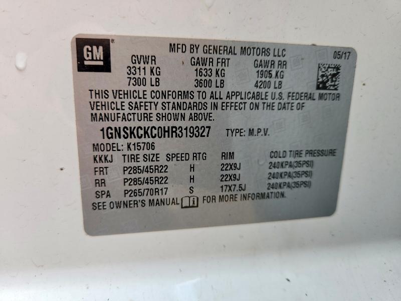 51725956 :رقم المزاد ، 1GNSKCKC0HR319327 vin ، 2017 Chevrolet Tahoe مزاد بيع