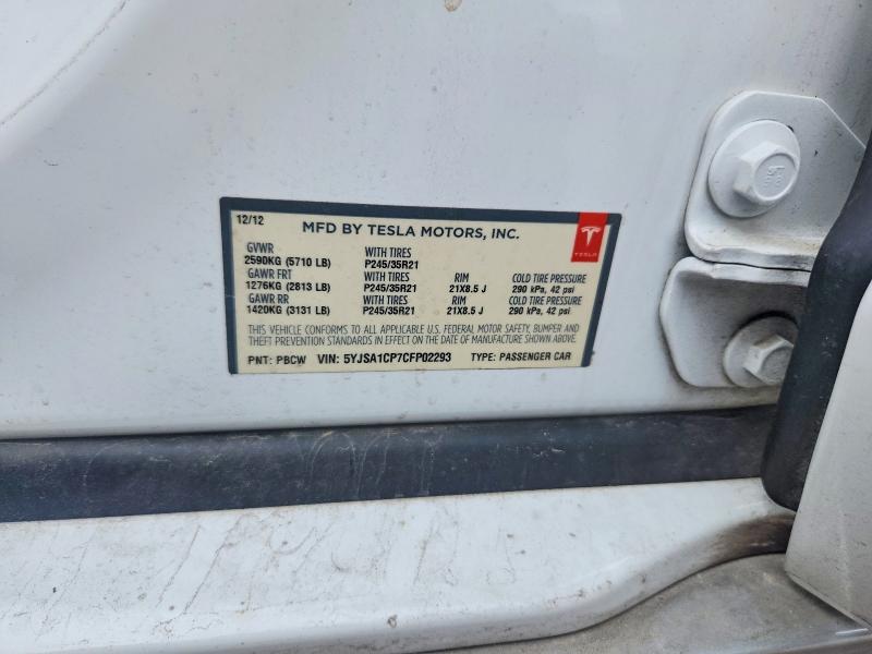 2012 Tesla Model S მანქანა იყიდება აუქციონზე, vin: 5YJSA1CP7CFP02293, აუქციონის ნომერი: 53724626