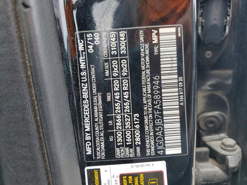 2015 Mercedes-benz Ml მანქანა იყიდება აუქციონზე, vin: 4JGDA5JB7FA589946, აუქციონის ნომერი: 53834496