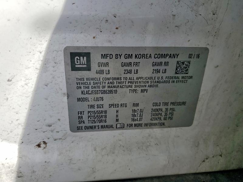 2016 Buick Encore მანქანა იყიდება აუქციონზე, vin: KL4CJESB7GB639510, აუქციონის ნომერი: 51975906