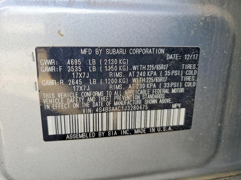 55370806 :رقم المزاد ، 4S4BSAAC1J3280475 vin ، 2018 Subaru Outback مزاد بيع