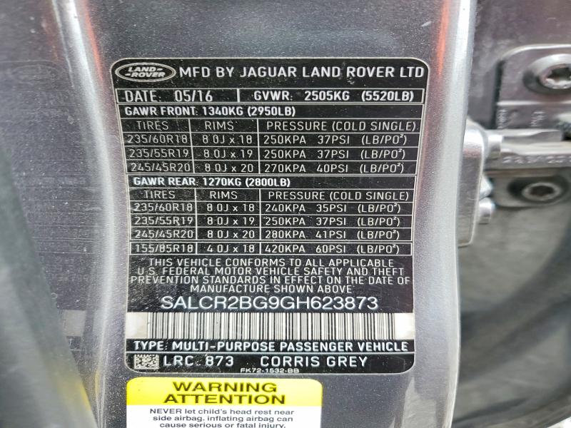 53610756 :رقم المزاد ، SALCR2BG9GH623873 vin ، 2016 Land Rover Discovery Sport مزاد بيع