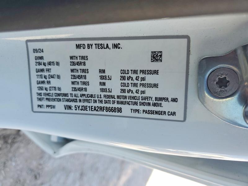2024 Tesla Model 3 მანქანა იყიდება აუქციონზე, vin: 5YJ3E1EA2RF866898, აუქციონის ნომერი: 54338986