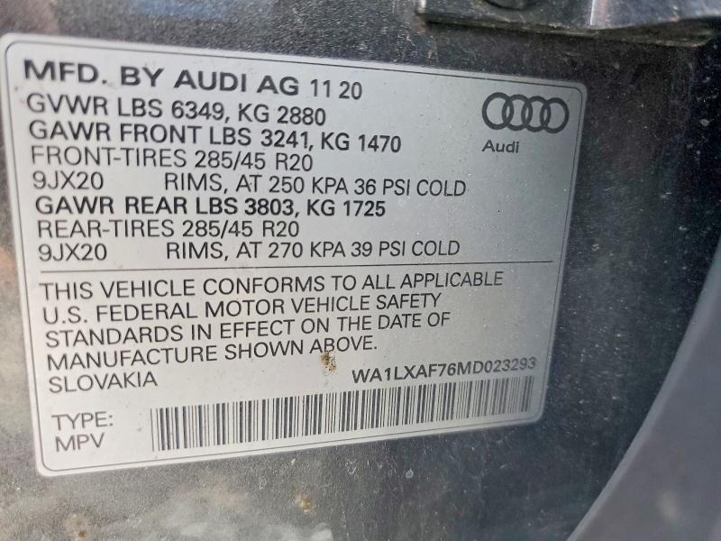 Продажа на аукционе авто 2021 Audi Q7, vin: WA1LXAF76MD023293, номер лота: 52235746