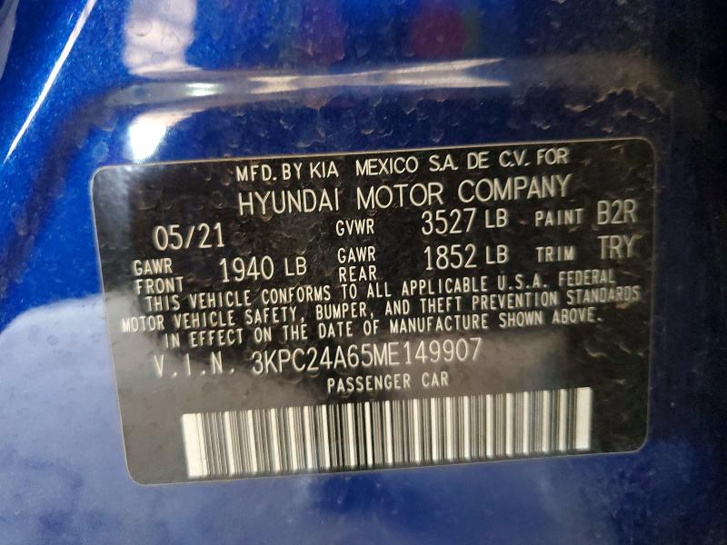 54142036 :رقم المزاد ، 3KPC24A65ME149907 vin ، 2021 Hyundai Accent مزاد بيع