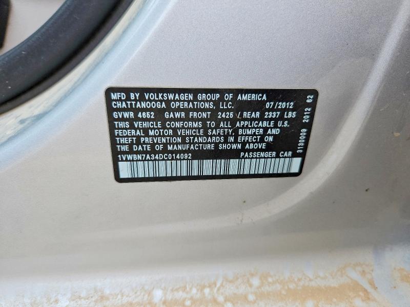 2013 Volkswagen Passat მანქანა იყიდება აუქციონზე, vin: 1VWBN7A34DC014092, აუქციონის ნომერი: 55530126