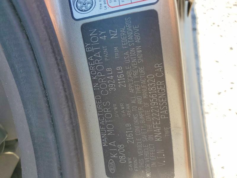 Aukcja sprzedaży 2009 Kia Spectra, vin: KNAFE222195618320, numer aukcji: 54107796