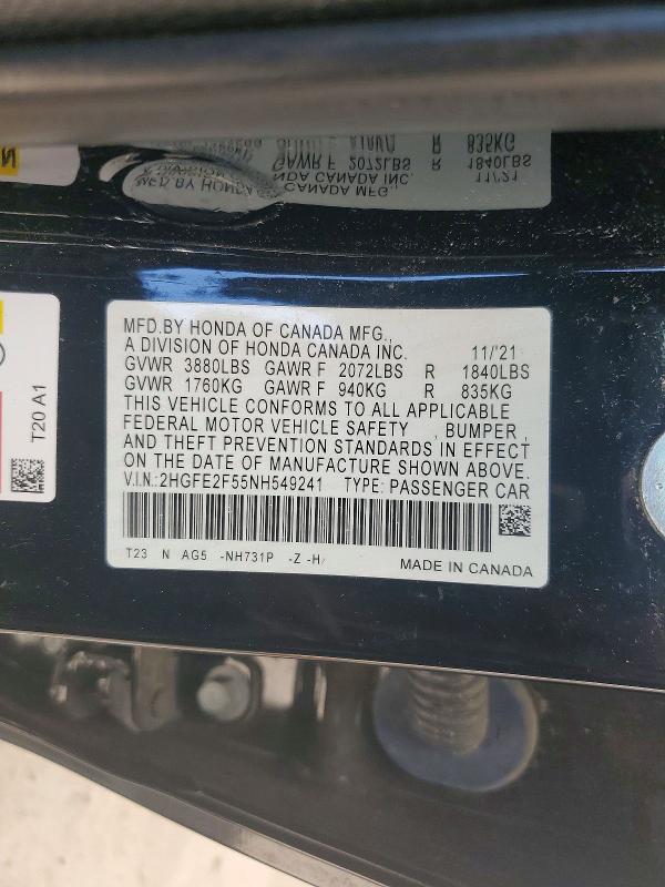 52299906 :رقم المزاد ، 2HGFE2F55NH549241 vin ، 2022 Honda Civic مزاد بيع
