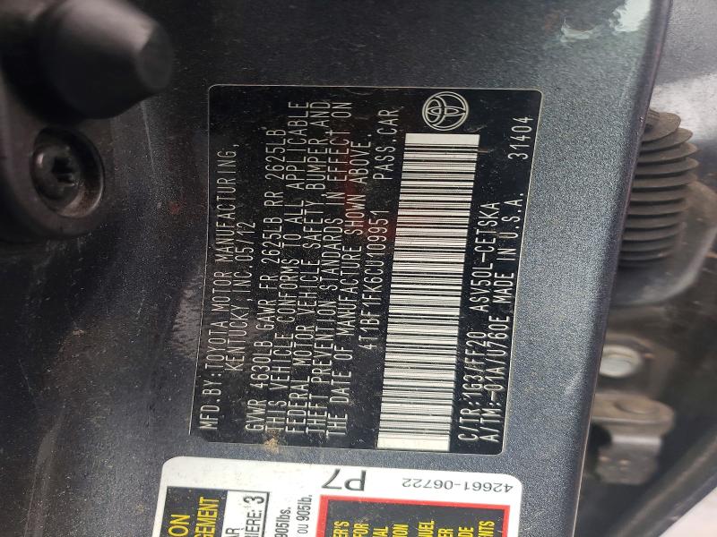 2012 Toyota Camry მანქანა იყიდება აუქციონზე, vin: 4T1BF1FK6CU109951, აუქციონის ნომერი: 54537566