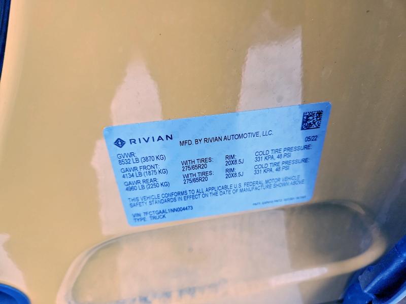 Aukcja sprzedaży 2022 Rivian R1t, vin: 7FCTGAAL1NN004473, numer aukcji: 52478516
