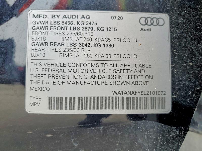 2020 Audi Q5 მანქანა იყიდება აუქციონზე, vin: WA1ANAFY8L2101072, აუქციონის ნომერი: 51375516