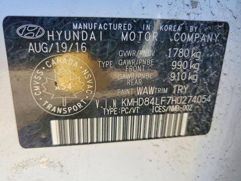 2017 Hyundai Elantra მანქანა იყიდება აუქციონზე, vin: KMHD84LF7HU274054, აუქციონის ნომერი: 55242976