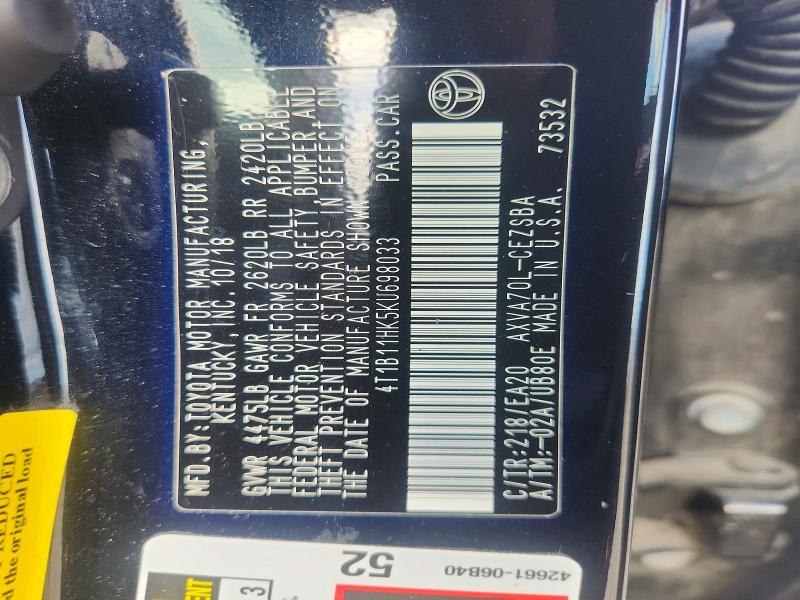 2019 Toyota Camry მანქანა იყიდება აუქციონზე, vin: 4T1B11HK5KU698033, აუქციონის ნომერი: 54093776